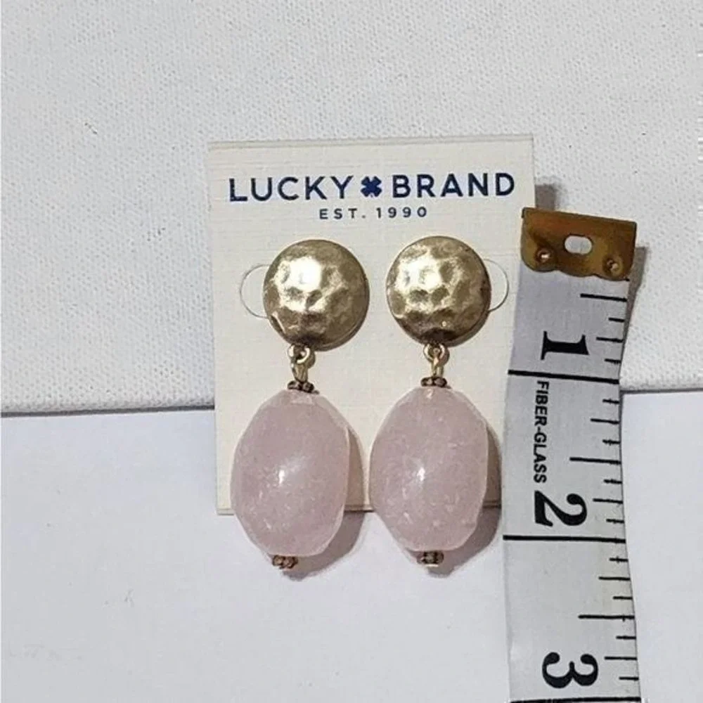 Lucky Brand Pink‎ Stone Hammered Gold Tone Drop Earrings Rose Quartz Boho Post